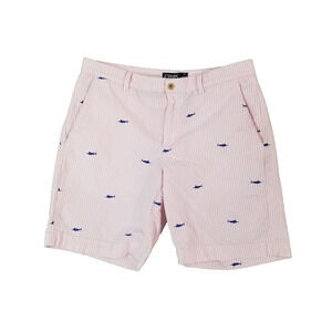Chaps Ralph Lauren shorts men's 34x9 pink white stripe seersucker stretch flawed